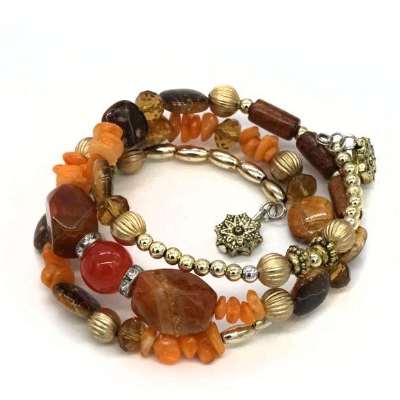 Bracelet Three Strands Brown & Amber beads. Gold Charms. OS. - Picture 1 of 2